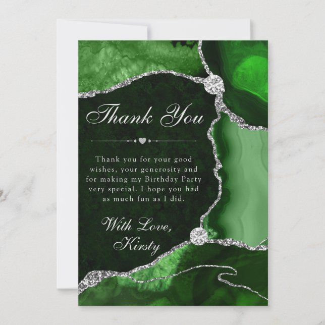 Green and Silver Faux Glitter Agate Birthday Dankeskarte (Vorderseite)