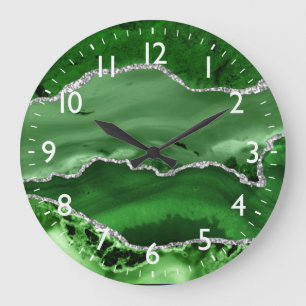 Green and Silver Faux Glitter Marble Agate Große Wanduhr