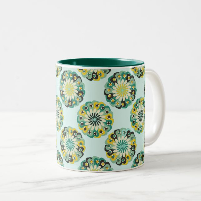 Green and Teal Modern Geometric Flower Pattern Zweifarbige Tasse (VorderseiteRechts)