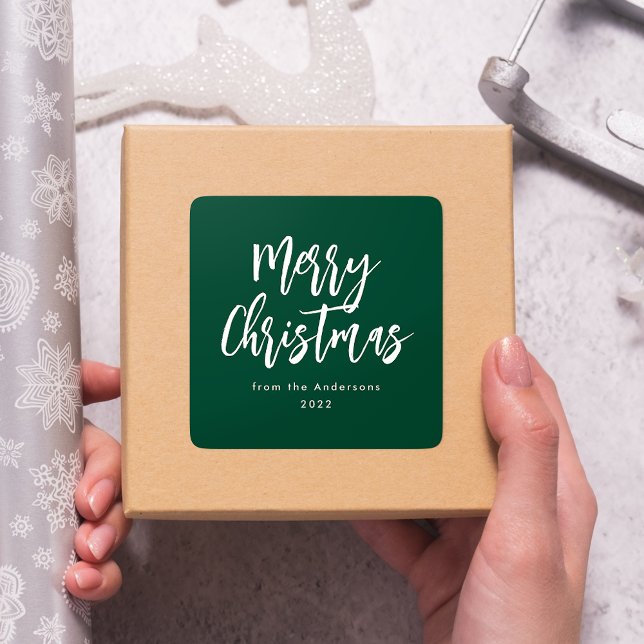 Green and White Brush Script Merry Christmas Quadratischer Aufkleber (Von Creator hochgeladen)