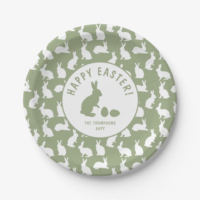 Green And White Bunny Pattern Happy Easter Pappteller (Vorderseite)
