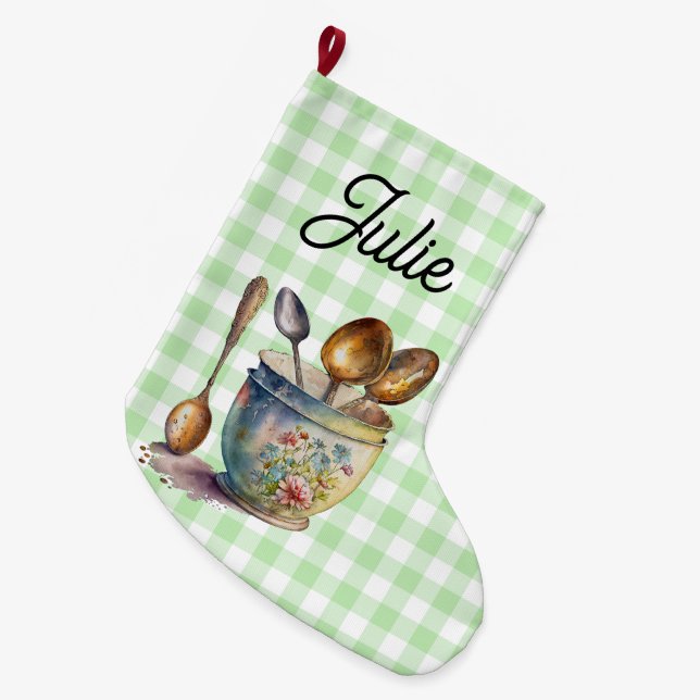 "Green and White Checkered - Spoons in Cup Großer Weihnachtsstrumpf (Vorderansicht (hängend))