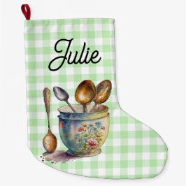 "Green and White Checkered - Spoons in Cup Großer Weihnachtsstrumpf