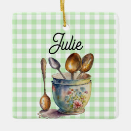 "Green and White Checkered - Spoons in Cup Keramikornament