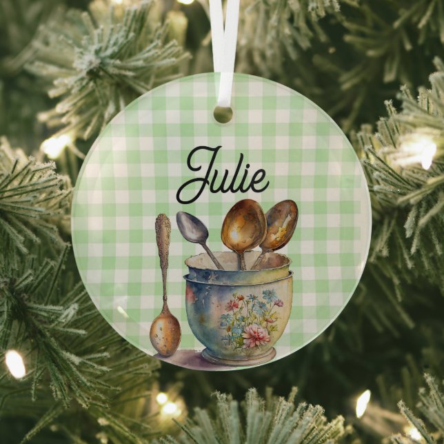 "Green and White Checkered - Spoons in Cup Ornament Aus Glas (InSitu)
