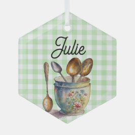 "Green and White Checkered - Spoons in Cup Ornament Aus Glas