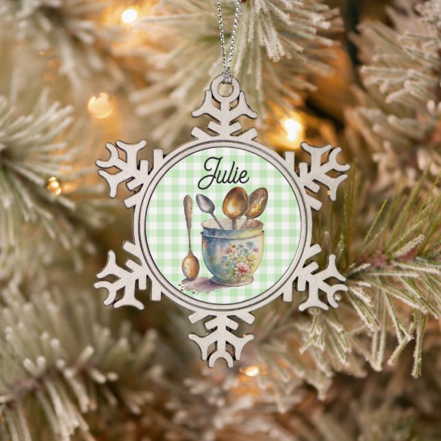 "Green and White Checkered - Spoons in Cup Schneeflocken Zinn-Ornament (Baum)