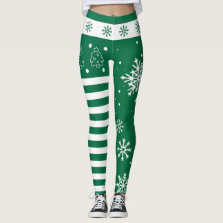 Green and White Christmas Leggings with Snowflakes
