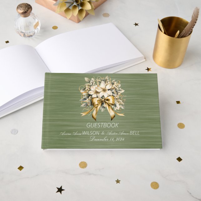 Green and White Christmas Winterberry Wedding Gästebuch (Vorderseite Offen)