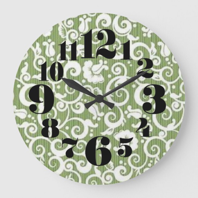 Green and White Floral Flourish Große Wanduhr (Vorderseite)