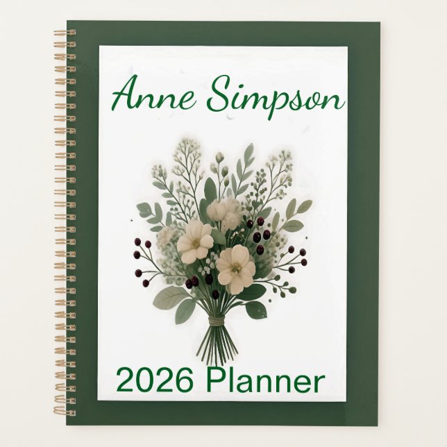 Green and White Floral Personalized Planner Planer (Vorderseite)