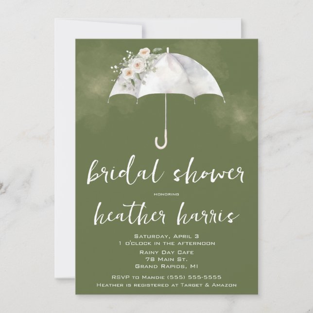 Green and White Floral Umbrella Bridal Shower Einladung (Vorderseite)
