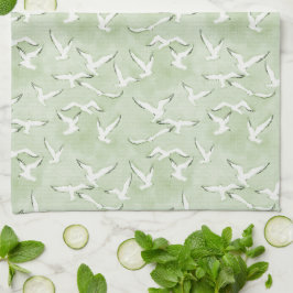 Green And White Seagull Beach Bird Pattern Geschirrtuch