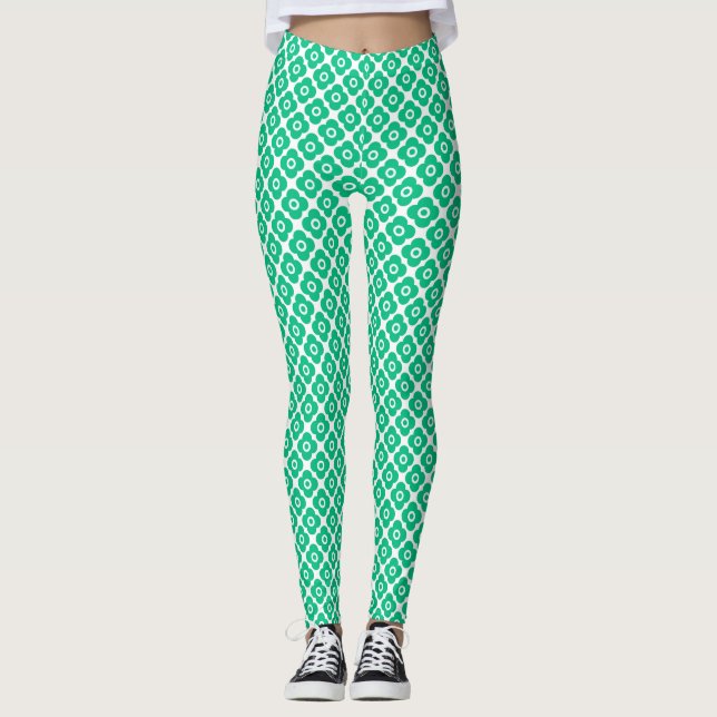Green and white simple floral pattern retro leggings (Vorderseite)