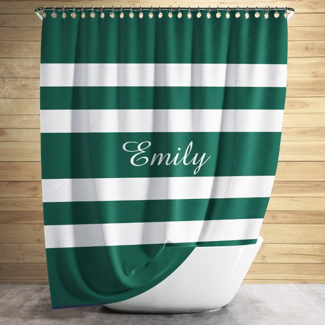 Green And White Stripes Pattern Personalized Name Duschvorhang (Modern Green Stripes Pattern Name Shower Curtain)