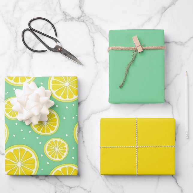 Green and Yellow Lemon Pattern Geschenkpapier Set (Vorderseite)