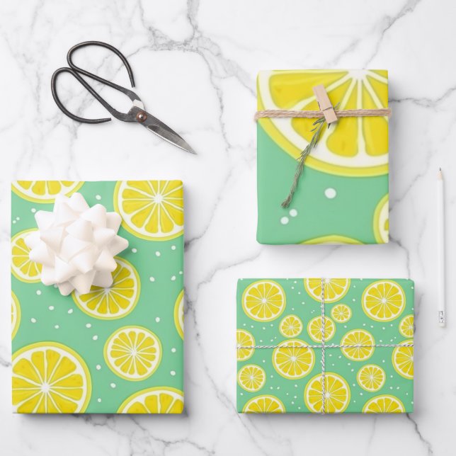 Green and Yellow Lemon Pattern Geschenkpapier Set (Vorderseite)