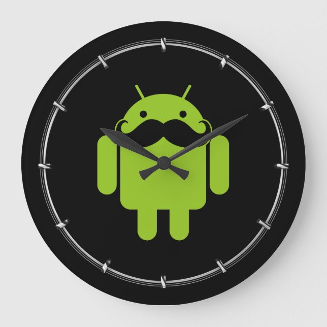 Green Android Robot Mustache on Black Große Wanduhr (Vorderseite)