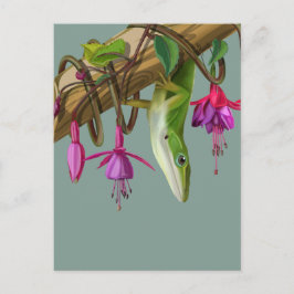 Green anole with Fuchsias Postkarte