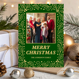 Green & Antique-Gold Family Photo Christmas Feiertagskarte