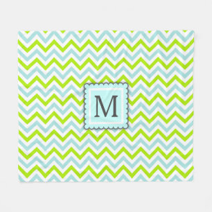Green & Aqua Blue Zickzack Custom Monogram Fleecedecke