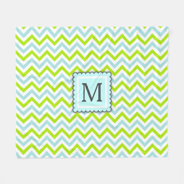 Green & Aqua Blue Zickzack Custom Monogram Fleecedecke (Vorderseite (Horizontal))
