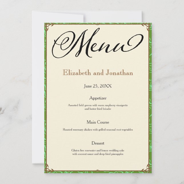 Green Aqua Brown Country Wedding Empfang Menü Einladung (Vorderseite)