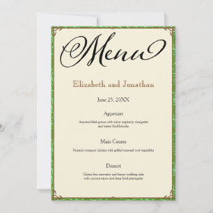 Green Aqua Brown Country Wedding Empfang Menü Einladung