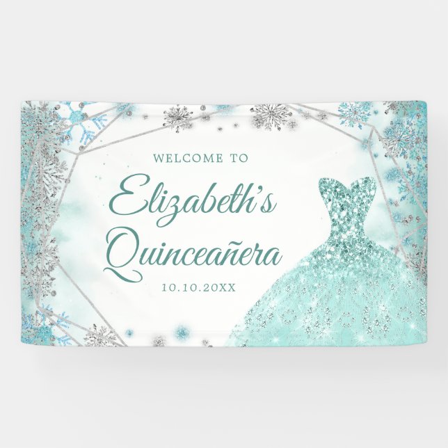 Green Aquamarin Silver Weihnachtsschneeflocke Quin Banner (Horizontal)