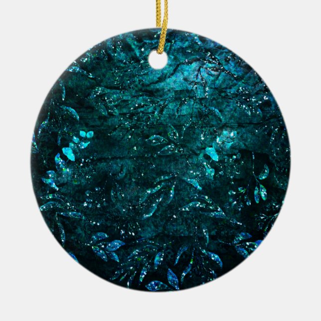 Green Aquamarin Sparkle Floral Blätter Keramik Ornament (Vorne)