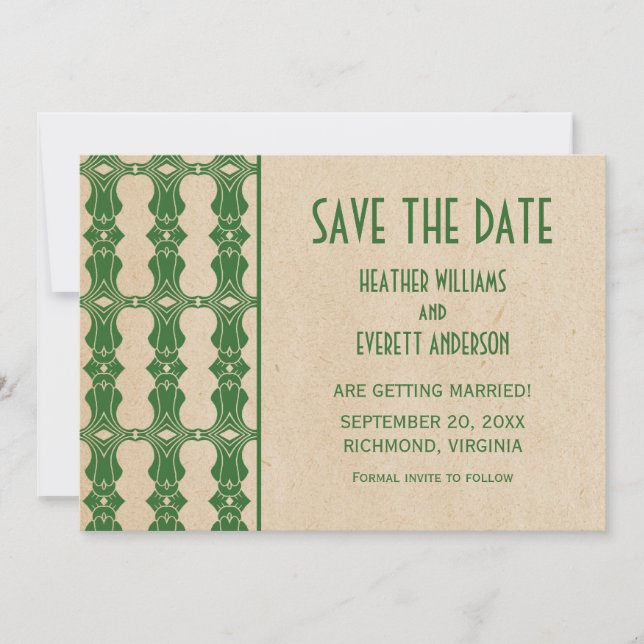 Green Art Deco Border Save the Date einladen Einladung (Vorderseite)