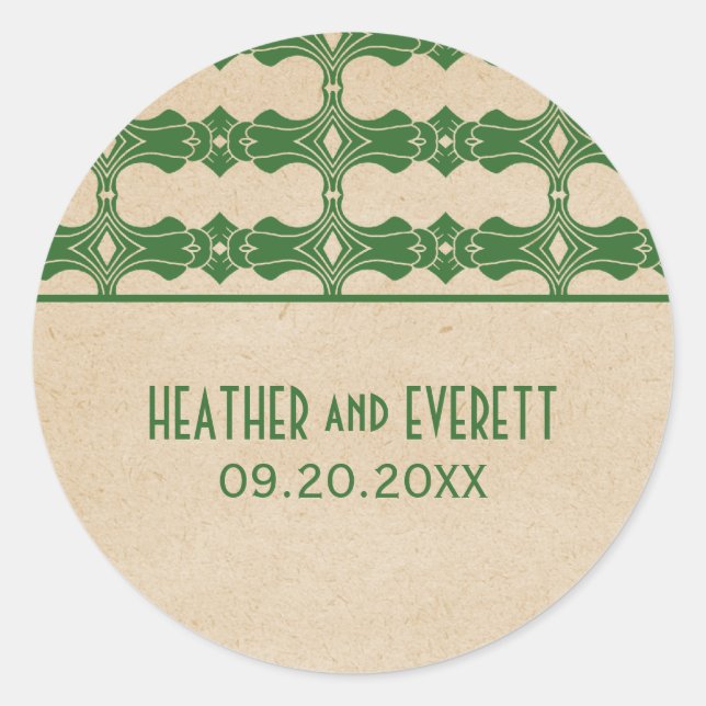 Green Art Deco Border Wedding Stickers (Vorderseite)
