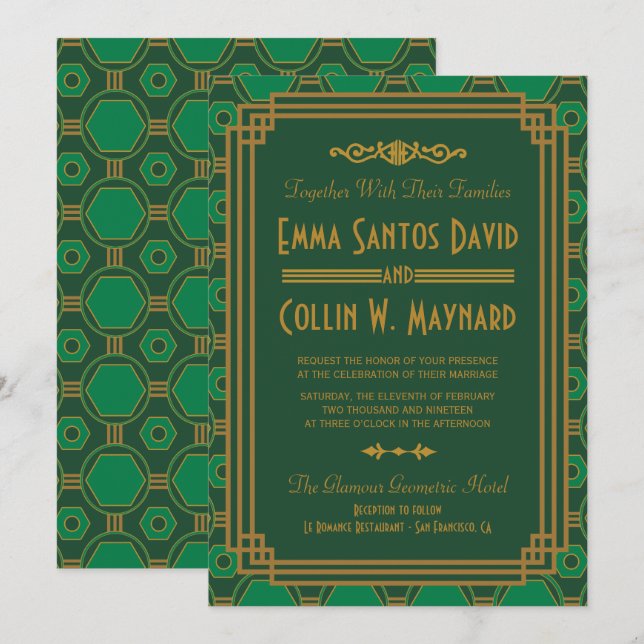 Green Art Deco Wedding lädt ein Einladung (Vorne/Hinten)