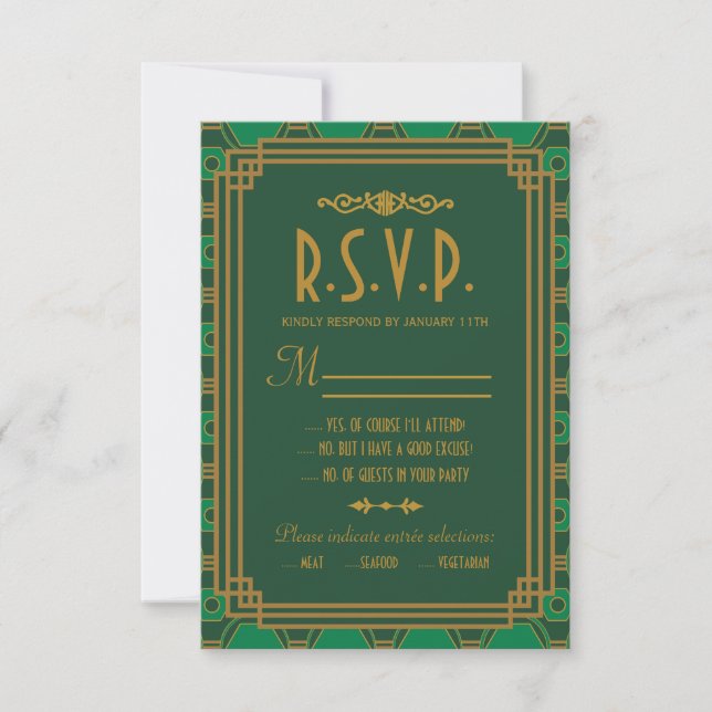 Green Art Deco Wedding RSVP Cards (Vorderseite)