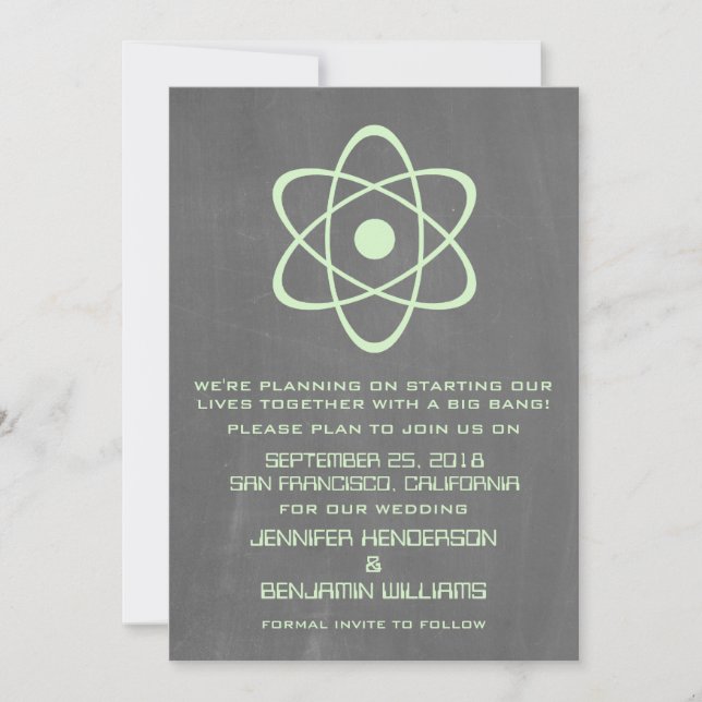 Green Atomic Chalkboard Save the Date einladen (Vorderseite)