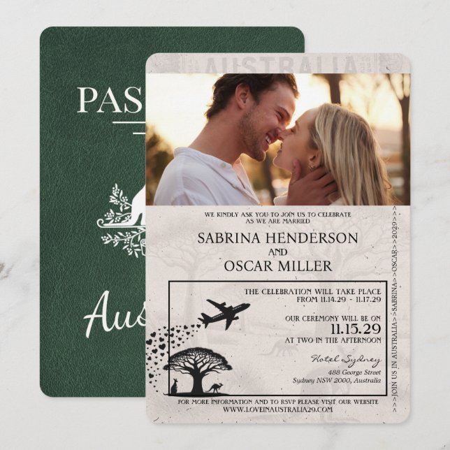 Green Australia Pass Wedding Einladung (Vorne/Hinten)