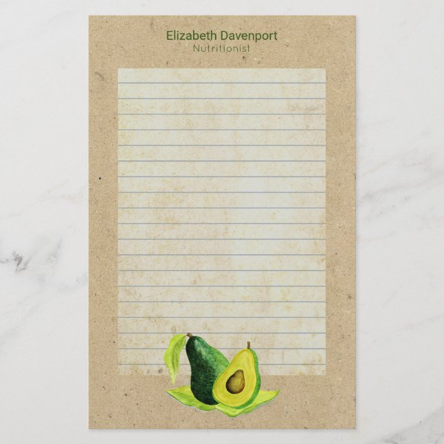 Green Avocado Still Life Frucht in Aquarell Lined Briefpapier (Vorderseite)