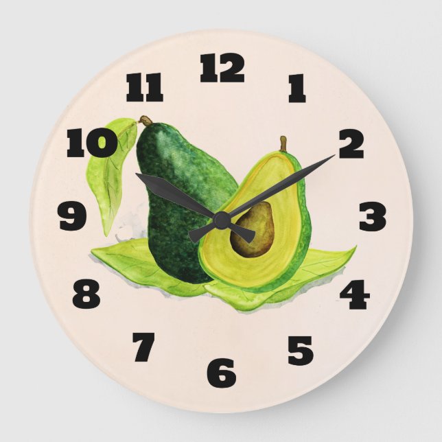 Green Avocado Still Life Frucht in Wasserfarben Große Wanduhr (Vorderseite)