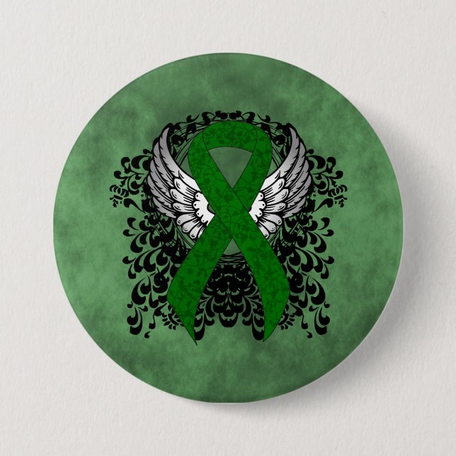 Green Awareness Ribbon mit Flügeln Button (Vorderseite)