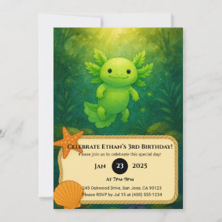 Green Axolotl in Enchanted Forest Birthday  Einladung