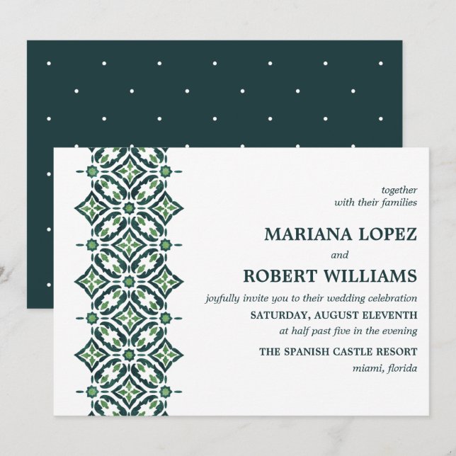 Green Azulejo | Hochzeit an der spanischen Grenze Einladung (Vorne/Hinten)