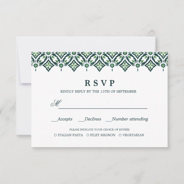Green Azulejo | Spanische WEDD RSVP - MEALWAHL (Vorderseite)