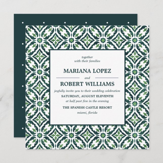 Green Azulejo | Spanish Tile Pattern Wedding Einladung (Vorne/Hinten)