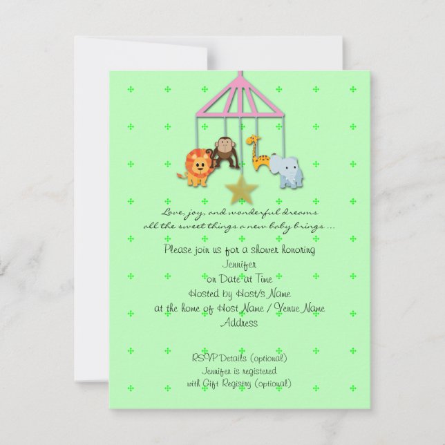 Green Baby Animal Mobile Baby Shower Einladung (Vorderseite)
