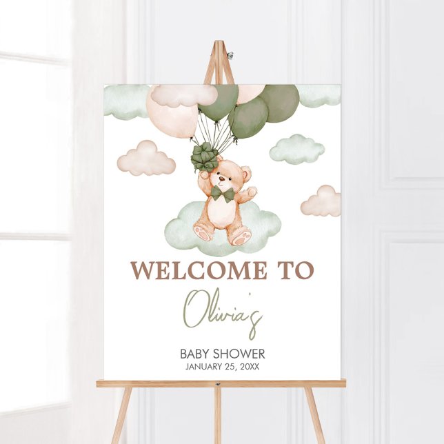 Green Baby Bear Balloon Baby Dusche Willkommen Poster (Green Bear Balloon Bearly Wait Baby Shower Welcome Sign)