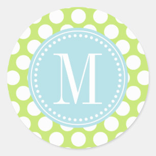 Green & Baby Blue Big Polka Dots Mit Monogramm Runder Aufkleber