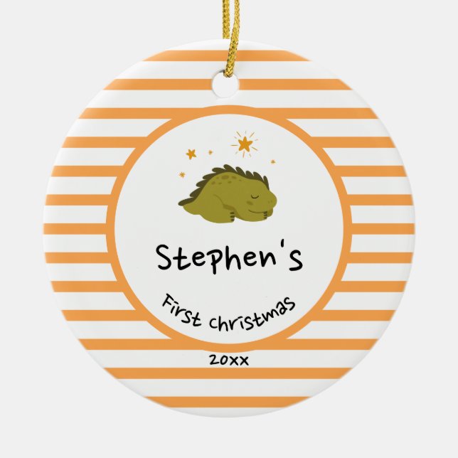 Green Baby Dino | Erster Orangenstreifen Keramik Ornament (Vorne)