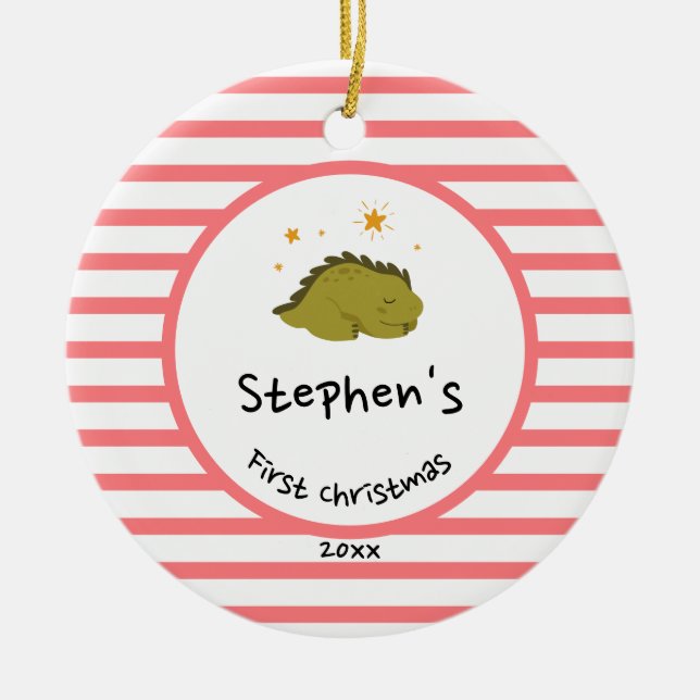 Green Baby Dino | Erster Weihnachts Roter Streifen Keramik Ornament (Vorne)