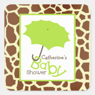Green Baby Dusche Regenschirm & Giraffe Print Quadratischer Aufkleber