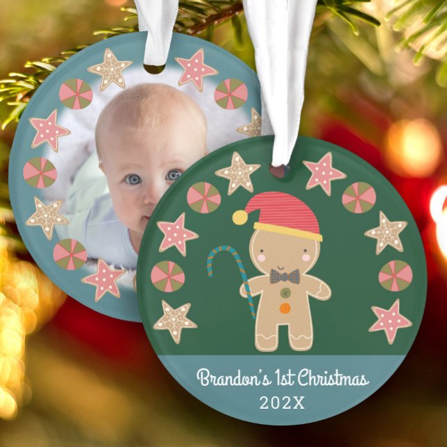 Green Baby Foto First Christmas Gingerbread Boy Ornament (Von Creator hochgeladen)